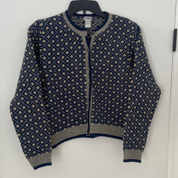 Vintage 100% Shetland Wool Blue and Cream Patterned Cardigan - Picture 1 of 11